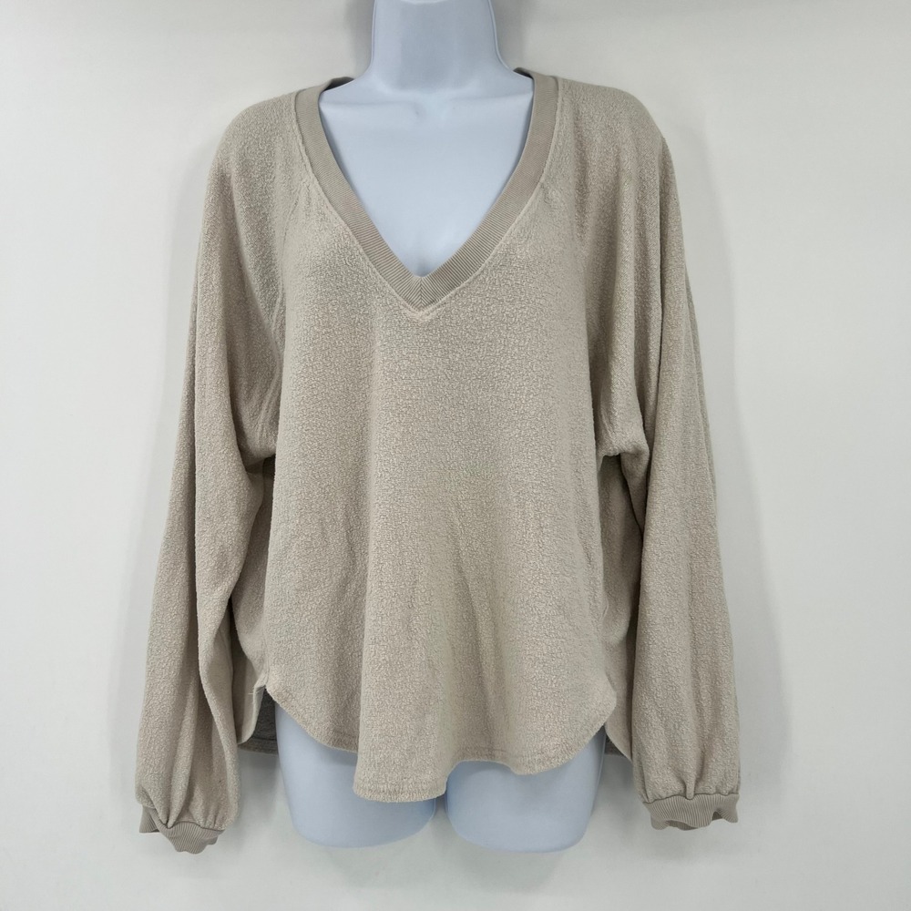 Urban Outfitters Size S Oatmeal Beige Textured Boucle Knit Deep V-Neck Pullover